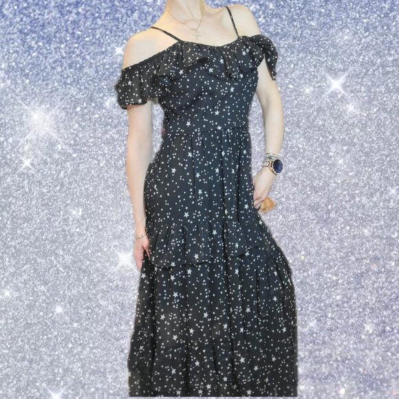 🖤Black Ruffle Maxi Off the Shoulder Dress with White Stars Pattern🖤 - Picture 2 of 8